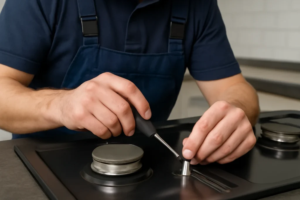 تعمیرکار در حال بررسی فندک اجاق گاز